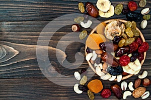 Mix of dried fruits and nuts on a dark wood background with copy space. Top view. Symbols of judaic holiday Tu Bishvat. photo