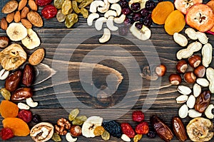 Mix of dried fruits and nuts on a dark wood background with copy space. Top view. Symbols of judaic holiday Tu Bishvat.