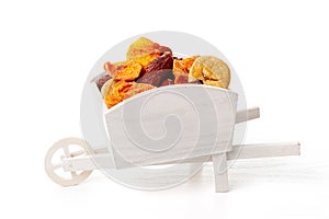 Mix of dried fruits in a white wooden cart on a white background. Jewish holiday Tu Bishvat (BeShvat