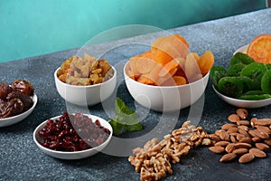 Mix of dried and sun-dried fruits and nuts. Symbols of the Jewish holiday of Tu BiShvat