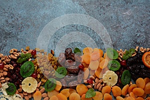 Mix of dried and sun-dried fruits and nuts. Symbols of the Jewish holiday of Tu BiShvat