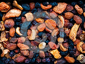 Mix of dry fruits and nuts, prunes, dried apricots, apples, raisins, background