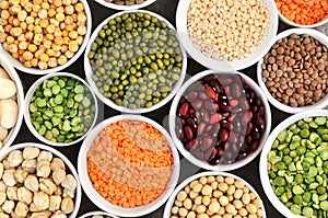 Mix of dry legume varieties: pinto and mung beans, assorted lentils, soyabean, yellow and green peas, chickpea; vegan high protein