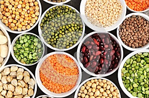 Mix of dry legume varieties: pinto and mung beans, assorted lentils, soyabean, yellow and green peas, chickpea; vegan high protein photo