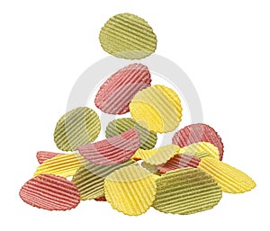 Mix of falling vegetable chips isolated on white background