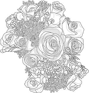 Mix flowers bouquet with roses and small flowers sketch. Vector illustration in black and white.