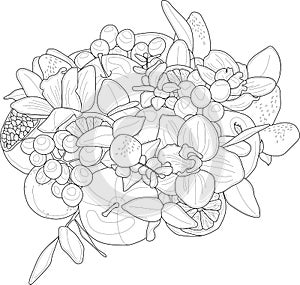 Mix flowers and fruits bouquet with orchid sketch. Vector illustration in black and white