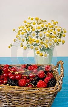 Mix of fresh berries in a basket on rustic wooden background