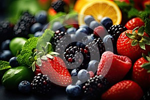Mix of fresh berries and fruits on black background. Healthy food concept, Healthy food selection: fruits, vegetables, berries and