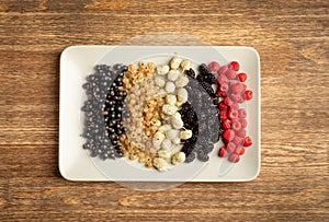 Mix of fresh berries in on plate on wooden background. Antioxidants, detox diet, organic fruits.