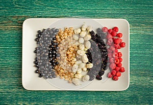 Mix of fresh berries in on plate on wooden background. Antioxidants, detox diet, organic fruits.