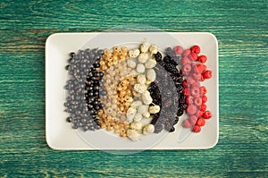 Mix of fresh berries in on plate on wooden background. Antioxidants, detox diet, organic fruits. photo