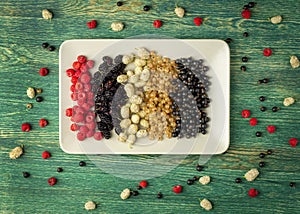 Mix of fresh berries in on plate on wooden background. Antioxidants, detox diet, organic fruits.