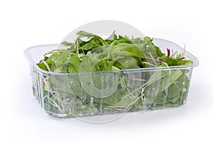 Mix of fresh greens in plastic container on white background