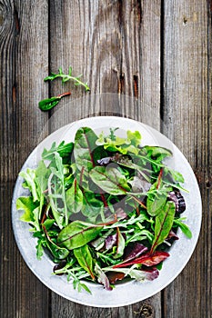 Mix of fresh leaves with arugula, lettuce, beets. Ingredients for salad on a wooden background
