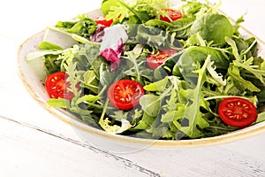 Mix fresh leaves of arugula, lettuce, spinach, beets for salad on table. Salad with tomato