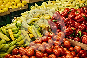 Mix of fresh tomato, peppers and paprika on the farm market. Natural local products on the farm market.