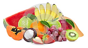 Mix fruit. Pile of different types of fresh organic fruits isolated on white background.