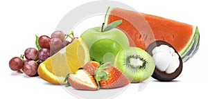 Mix fruit, Pile of different types of fresh organic fruits  yellow ripe banana, red grape,  orange fruit, papaya, watermelon, man