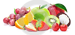 Mix fruit, Pile of various types of fresh organic fruits  red strawberry, green apple, mangosteen, kiwi, orange, acerola cherry a