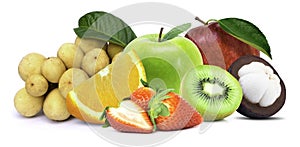 Mix fruit.Pile of various types of fresh organic fruits  red strawberry, green apple, mangosteen, kiwi, orange and lansium demest