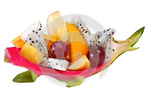 Mix fruit salad Served in creative Dragon fruit, Pitaya rind bowl