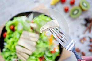 Mix fruit and vegetable ,Healthy eating mix of fresh vegetables salad topped on wooden table