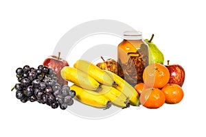 Mix fruit and vitamin D bottle isolated on white background