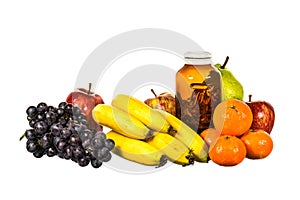 Mix fruit and vitamind D bottle isolated on white background