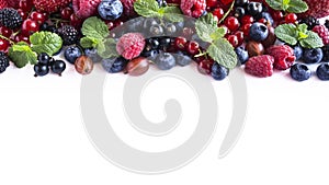 Mix fruits berries on white background. Ripe currants, raspberries, blueberries, gooseberrie, blackberries with a mint leaf. Sweet