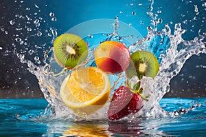 mix of fruits falling into water, with splashes, freshness, Generated image