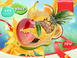Mix fruits. Splash of juice. 3d vector, package design