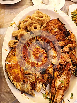 Mix grilled seafood in a restaurant in Abudhabi, UAE