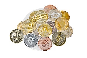 A mix group of physical cryptocurrency, Bitcoin, Ethereum, Litecoin, Dash stack on white background, Isolated with clipping path,