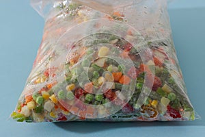 Mix of homemade frozen vegetables in a plastic bag.