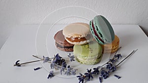 Mix macarons decorated of levander flowers photo