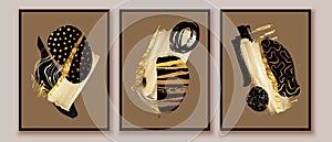 Mix media art posters. Different abstract forms, textures in gold, black, beige, ivory colors. Wall art compositions.
