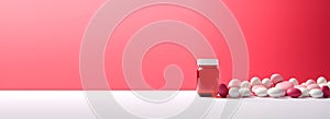 Mix of medical capsules in on minimal background. Pharmaceutical medicine pills red, pink and white colors. Banner for