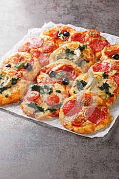 Mix mini pizza or Pizzette with various toppings close-up on parchment. Vertical photo