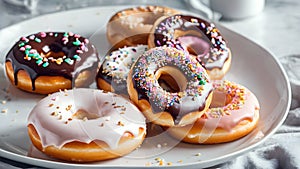 Mix of multicolored sweet donuts on white plate