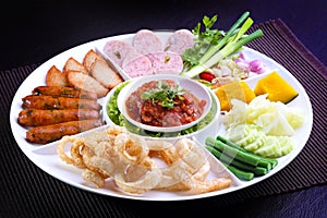 Mix Northern Thai food - Sai Aua (Northern Thai Spicy Sausage), Naem (Sour pork), Cab-Moo (pork snack), Moo-Yor (preserved pork sa