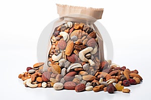 Mix of nuts in a bag on white background. Isolated
