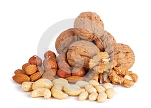 Mix of nuts close up isolated on white background