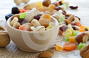 Mix of nuts and dried fruits in wooden bowl
