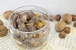 Mix of nuts, raisins,hazelnuts, almonds and chocolate in the bowl