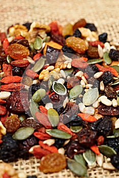 Mix nuts seeds and dry fruits, on a wooden table