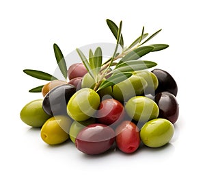 Mix of olives fruits on white backgrounds. Generated AI