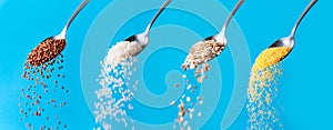 Mix Organic Cereal Grains. Raw Buckwheat Seeds, Oatmeal, Rice, Corn Grits Flakes Falling from Spoons on Blue Background