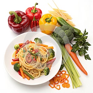 Mix of pasta and vegetables isolated on white background photo