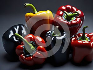 A mix of peppers and aubergines on a dark background